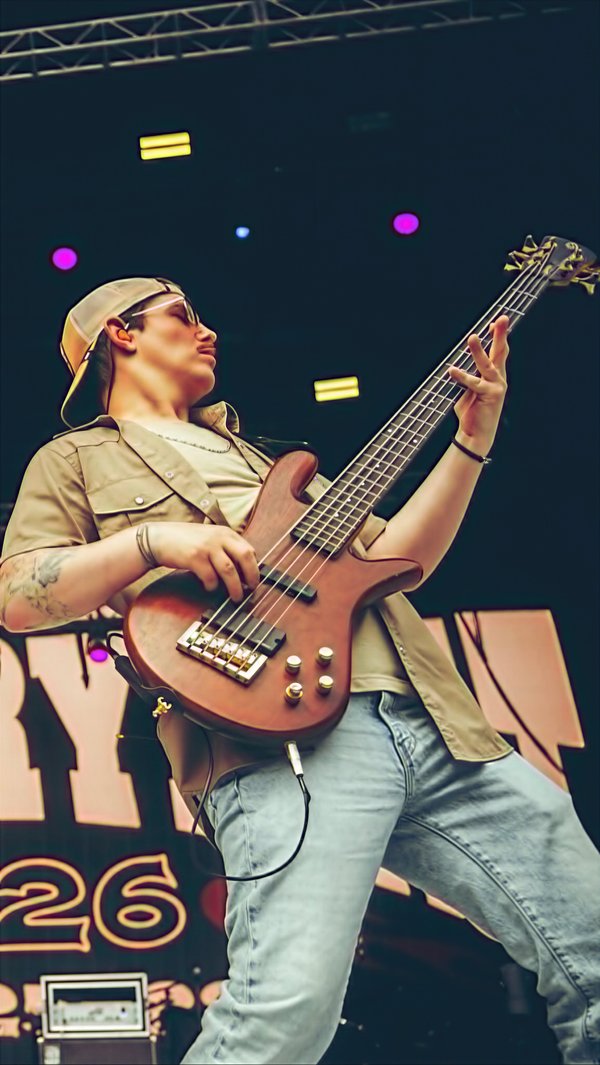 Dan Beattie low angle on festival stage, bass raised