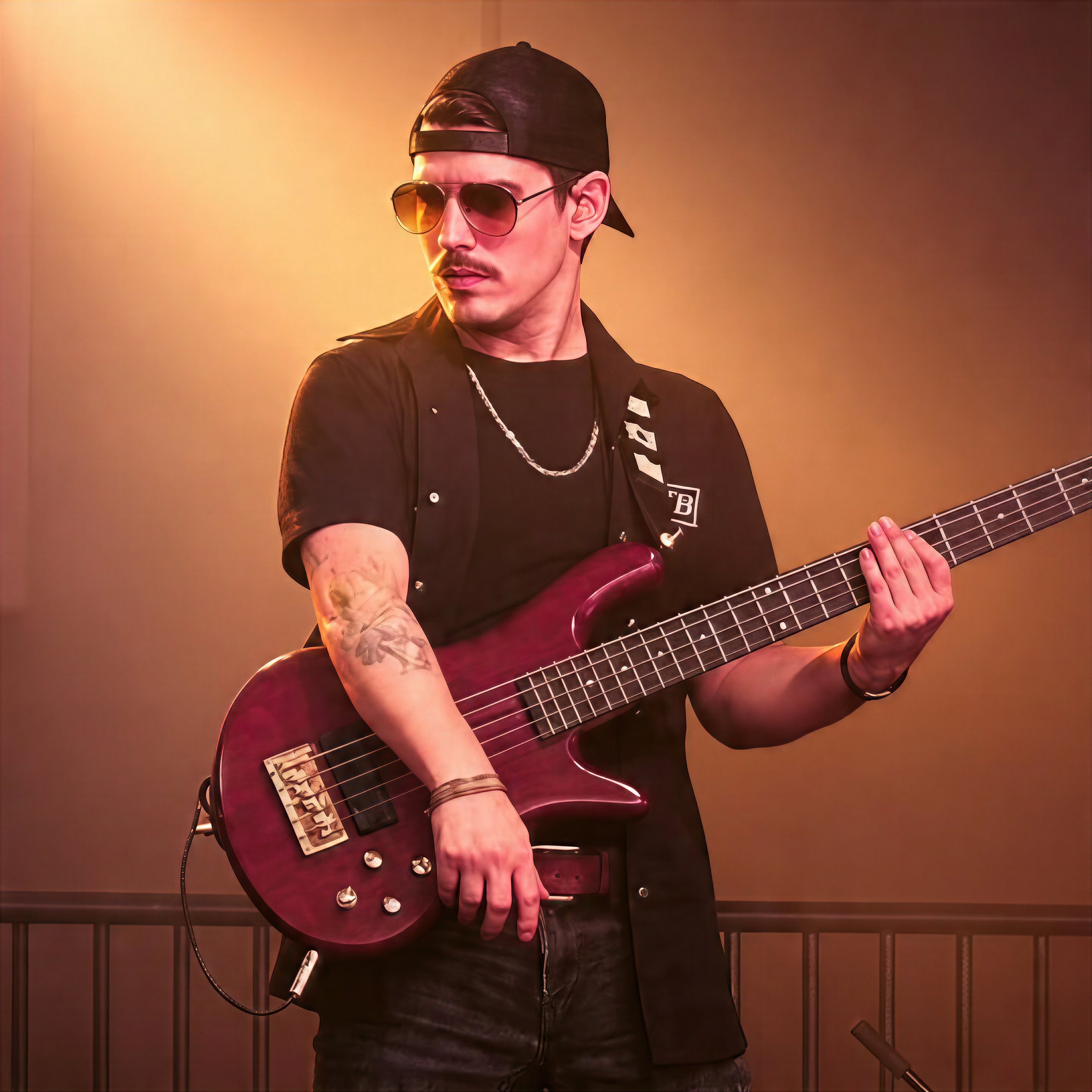 Dan Beattie in aviators and backwards cap with a red five-string bass, studio portrait